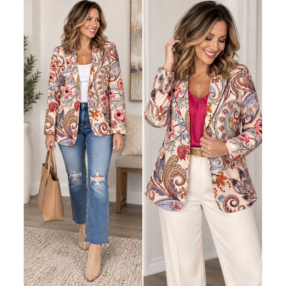 SHEGGY Floral Paisley Print Blazer Jacket Women's Small Cream Pink Boho